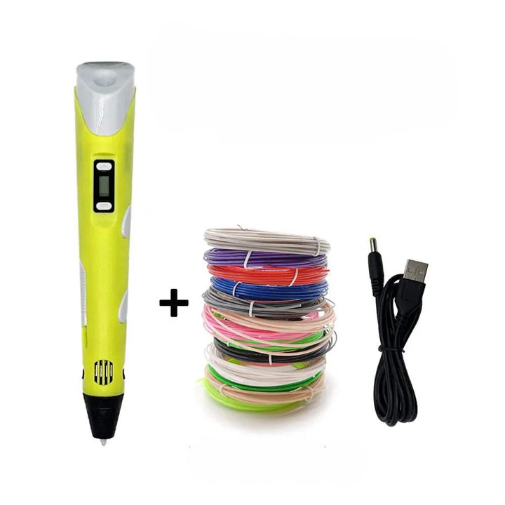 Child's 3D drawing pen with bright LCD screen. Filament-based tool for kids' creative art and educational craft projects.