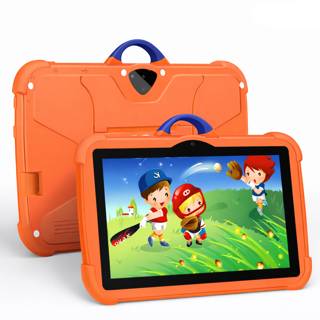 Kids' Android tablet in a vibrant blue shockproof case, designed for safe learning and play.