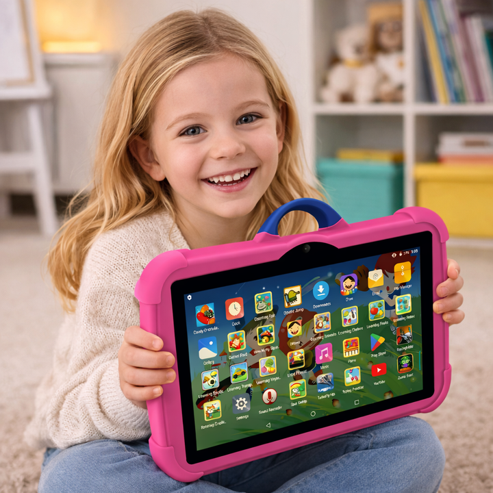 Durable shockproof kids' tablet with Android OS, perfect for young learners; includes parental control features.