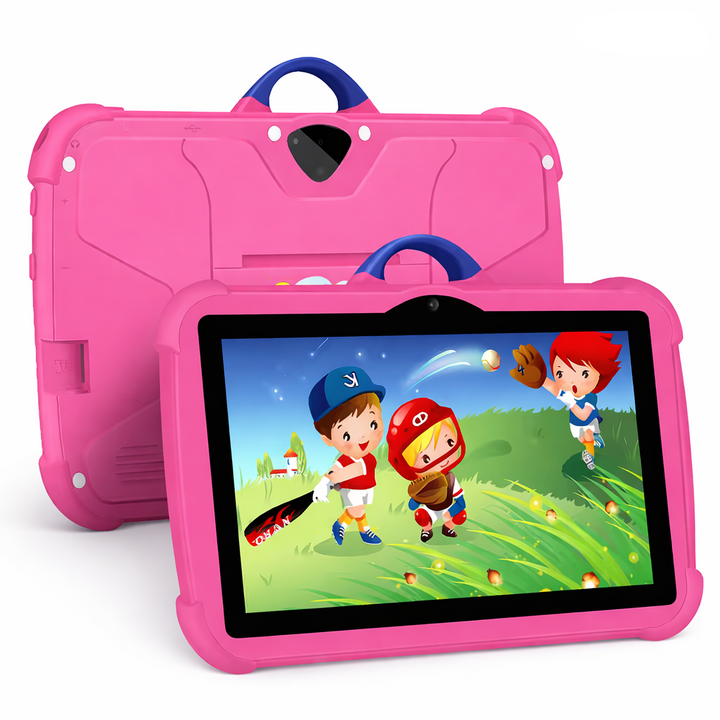 Learning device for kids: Android tablet with integrated parental controls and a colorful, drop-resistant case.