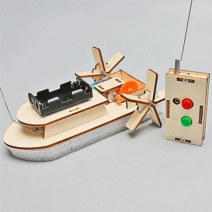 Kids assembling wooden DIY electric toy boat. Engaging STEM educational project for young builders.