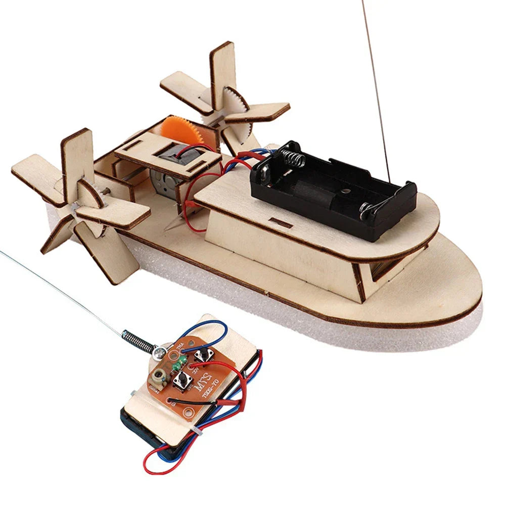 Detailed view of the wooden electric boat's motor and wiring mechanism. STEM learning kit.
