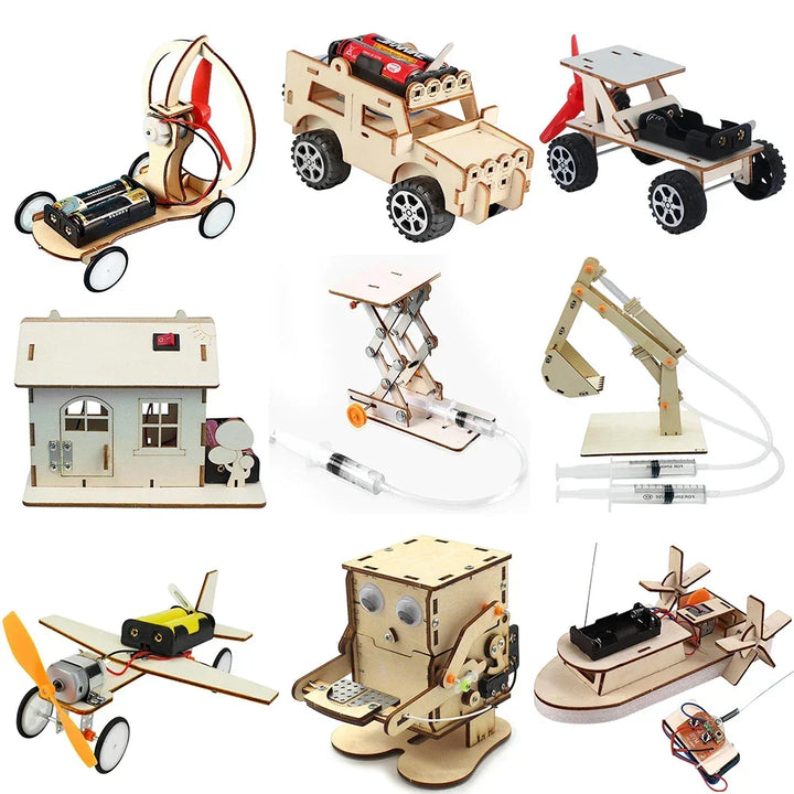 Assembled wooden electric toy boat for kids. DIY science kit, perfect educational children's gift.