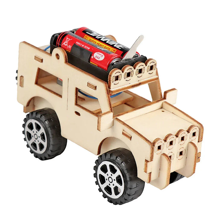 Wooden DIY electric toy boat kit contents neatly laid out. Educational STEM building project.