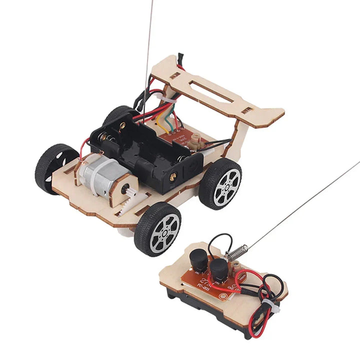 Educational wooden electric toy boat assembled by a child. Great DIY project for young minds.