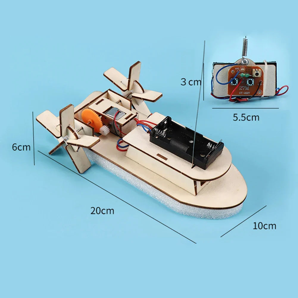 Educational wooden boat building kit for children. DIY electric toy, fostering STEM learning.