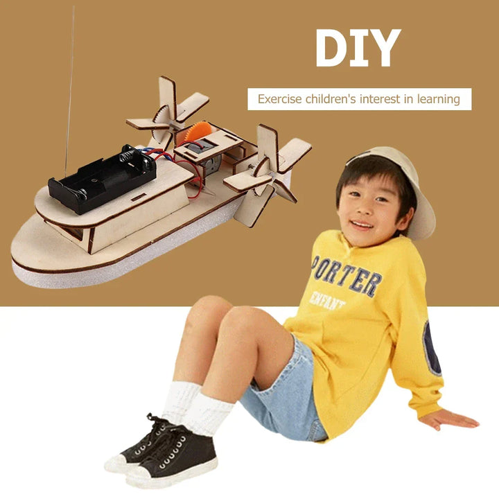Wooden parts & electric motor for DIY boat kit. Creative science building kit for kids.