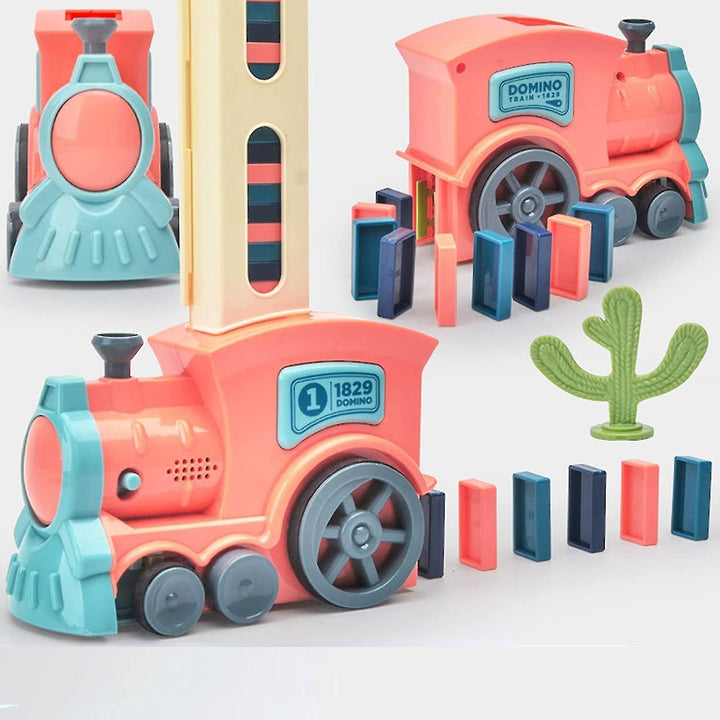 Fun kids' automatic domino train toy with colorful blocks, lights & sound. Perfect STEM building gift for creative play.