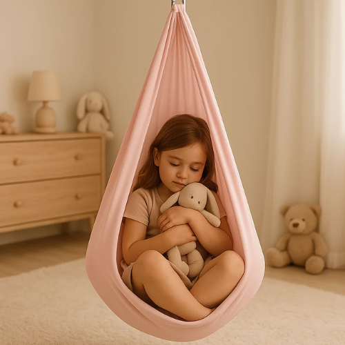 Indoor therapy swing hammock, a calming sensory tool for kids' autism support & child development.
