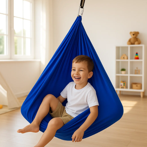 Soft, stretchy sensory swing hammock for kids, offering gentle compression for stress and anxiety relief.