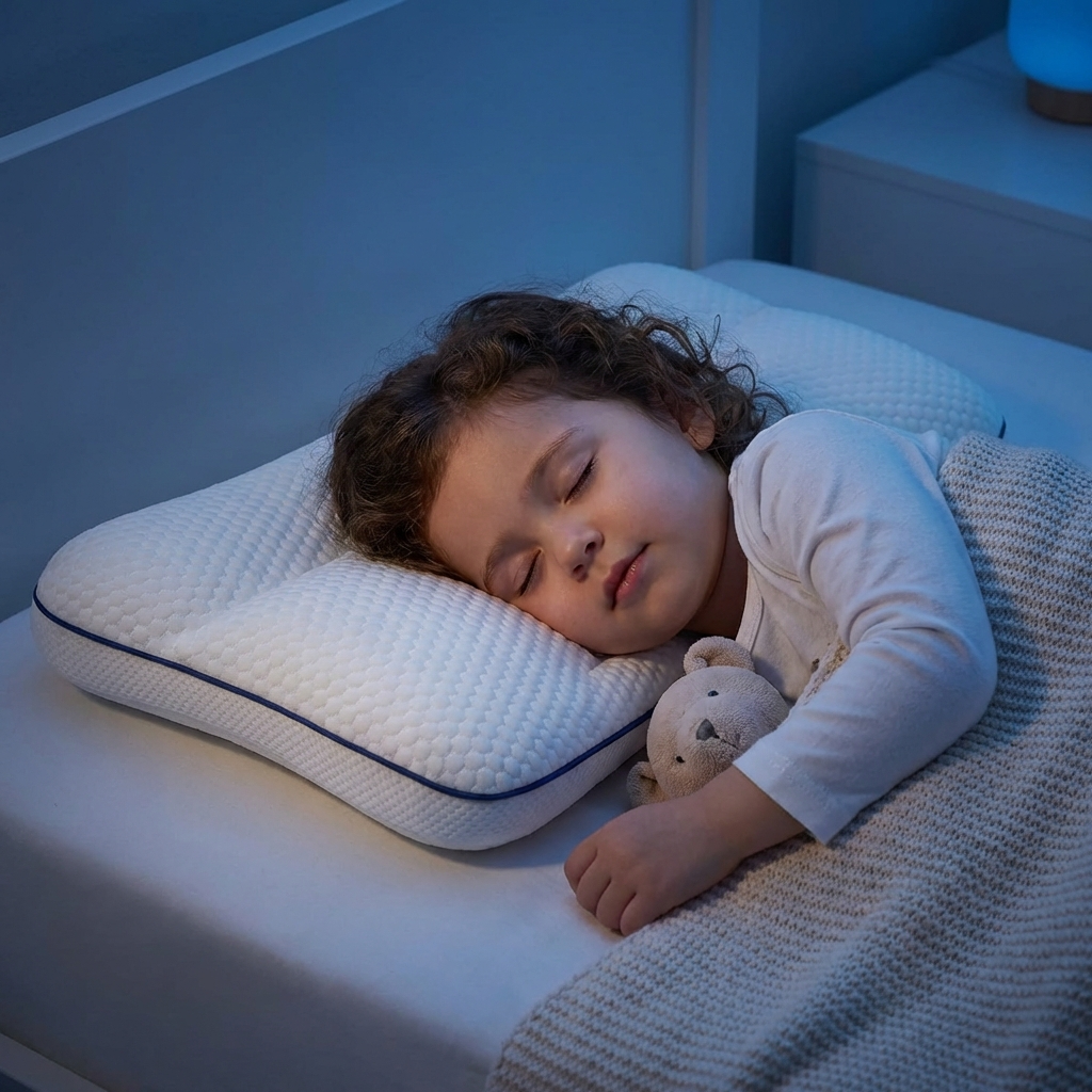 Soft memory foam kids pillow with ergonomic design. Offers neck and head support for comfortable child sleep.