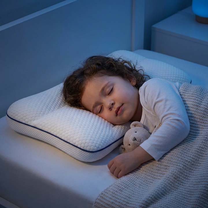 Soft memory foam kids pillow with ergonomic design. Offers neck and head support for comfortable child sleep.