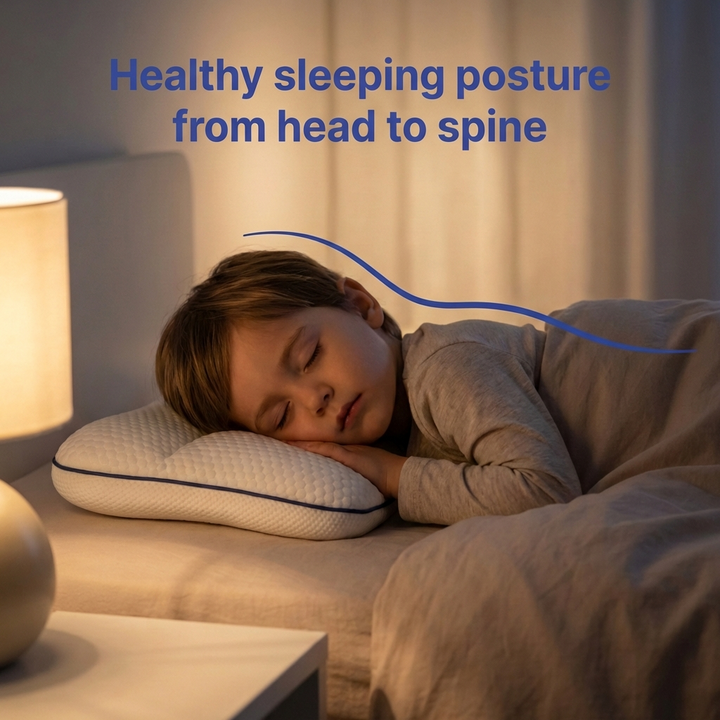Child's memory foam pillow, ergonomically shaped for optimal sleep support. Perfect for growing kids.