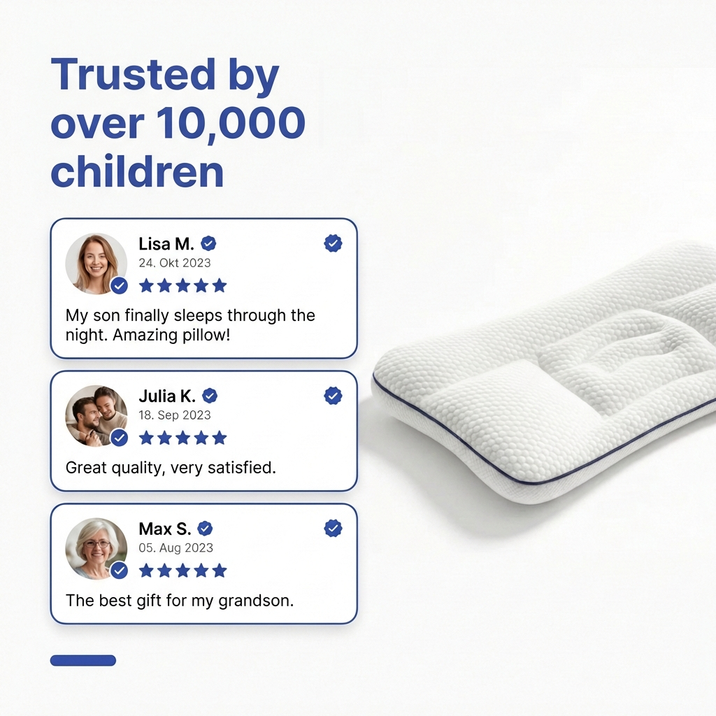 White ergonomic memory foam kids pillow, designed for supported and comfortable child sleep. Gentle and soft.