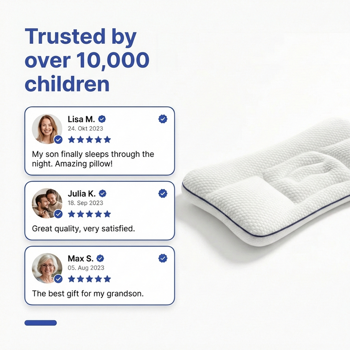 White ergonomic memory foam kids pillow, designed for supported and comfortable child sleep. Gentle and soft.