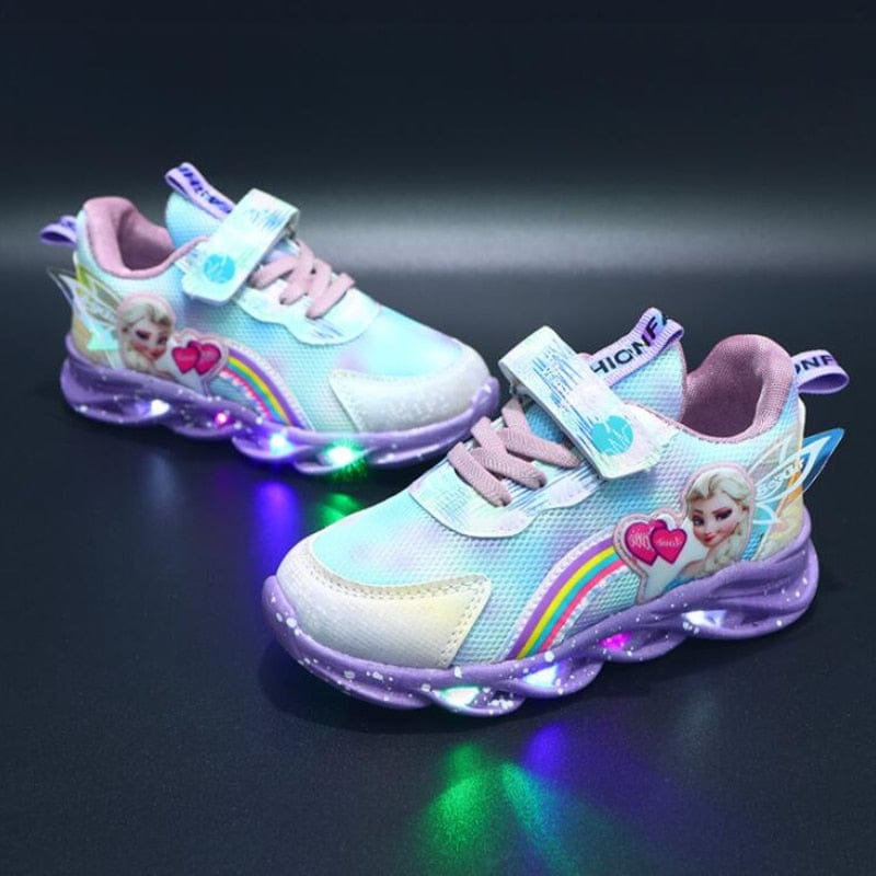 Child playing in GlowStride light-up LED sneakers, bright glowing shoes for active fun.