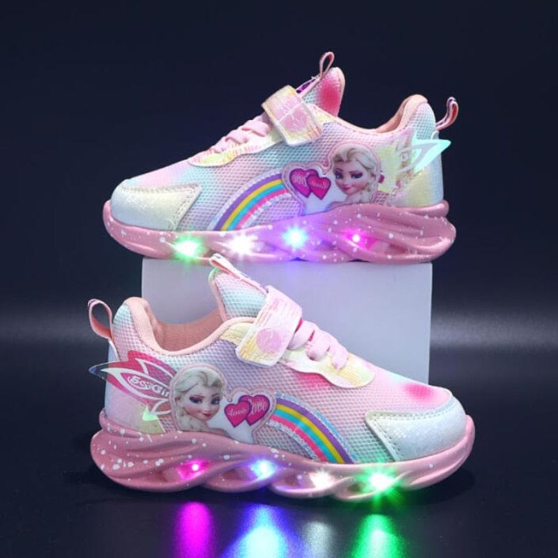 Close-up of GlowStride LED sneakers' glowing sole, vibrant light-up shoes for kids.