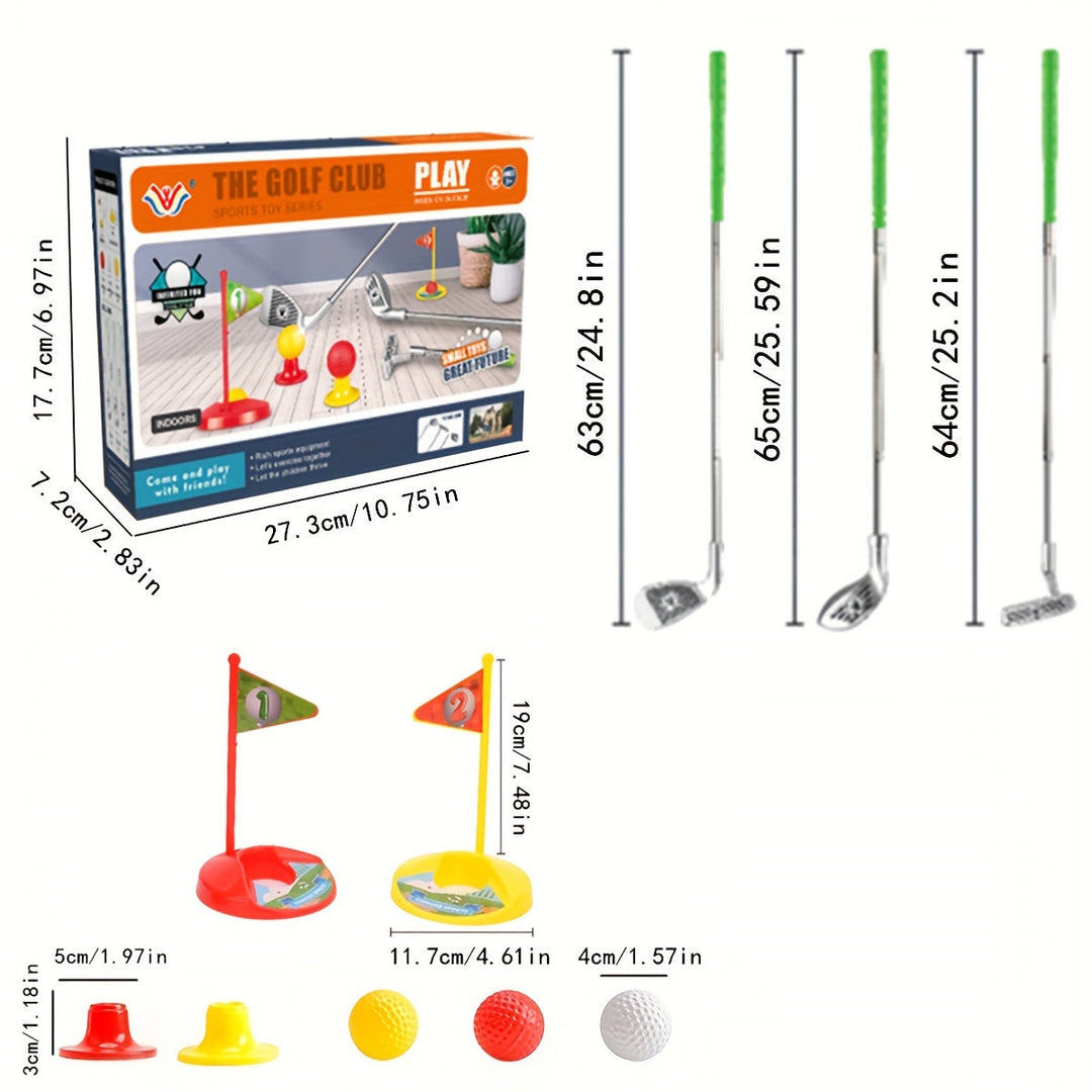 Children's adjustable golf club set with flag & hole, promoting motor skills & backyard fun.