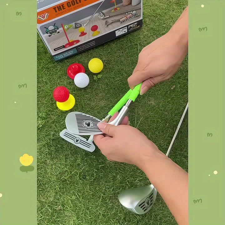 Complete children's golf training set with adjustable clubs, goals & balls for active skill building.
