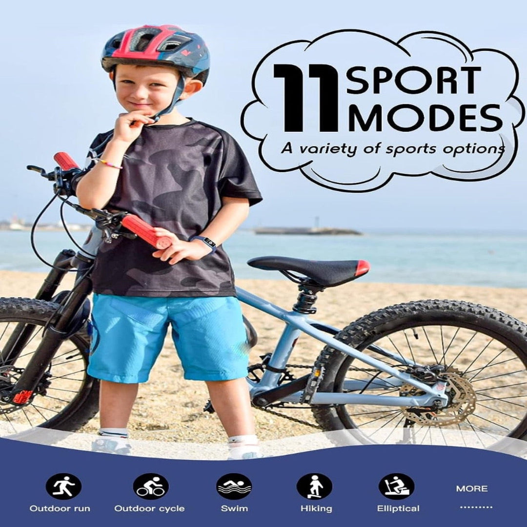 Kids' activity tracker smartwatch monitoring steps, sleep, & heart rate, promoting healthy habits for youth.