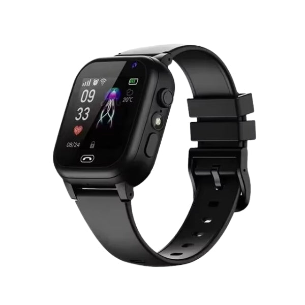 Child's wrist wearing a bright orange GPS smartwatch. Perfect for outdoor play, includes video call and SOS functions.