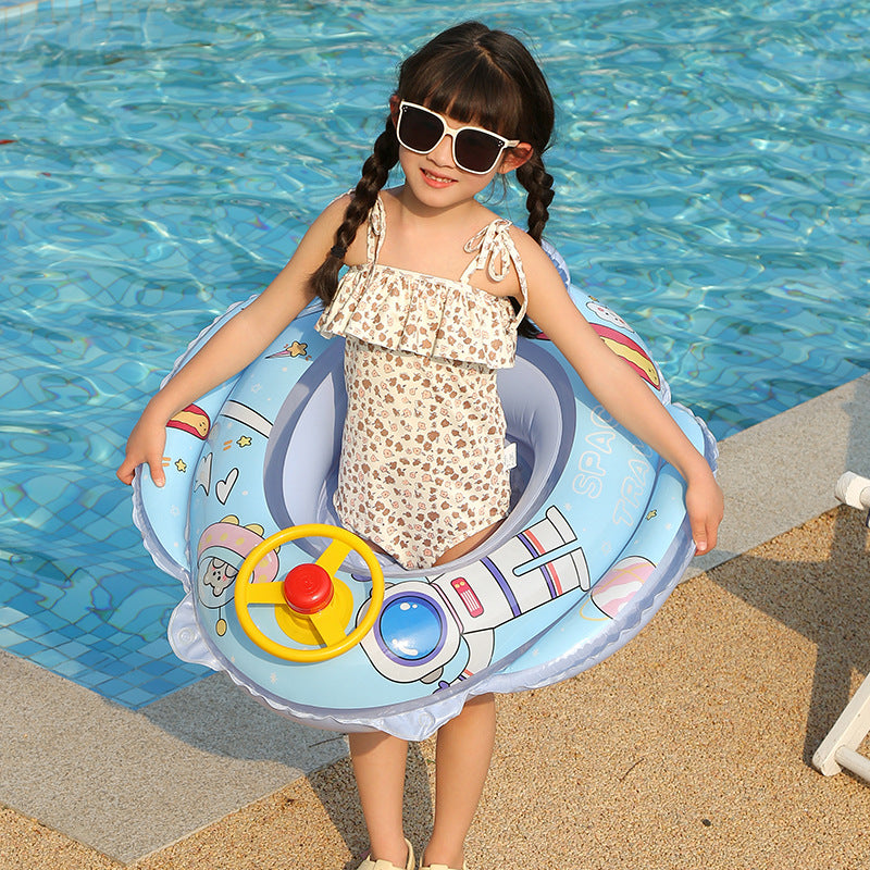Portable kids' inflatable float with steering wheel, ideal for holidays & outdoor water play.