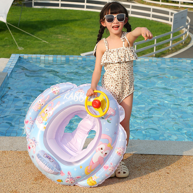 Brightly colored inflatable swim ring for children, featuring a responsive steering wheel.