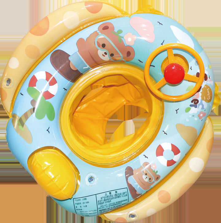 Sturdy inflatable swim ring with steering wheel, built for active water play & toddler safety.
