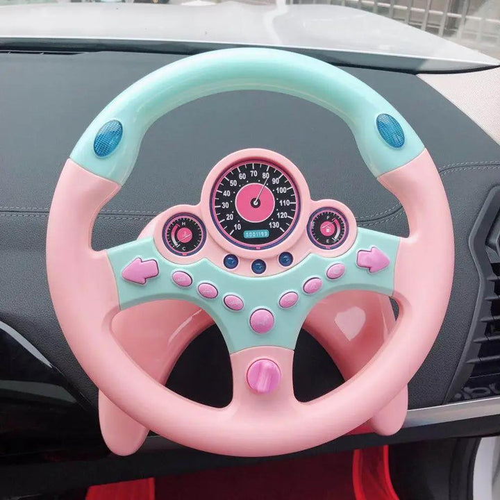 Brightly colored interactive driving simulator toy steering wheel; engaging pretend play car fun for young kids.