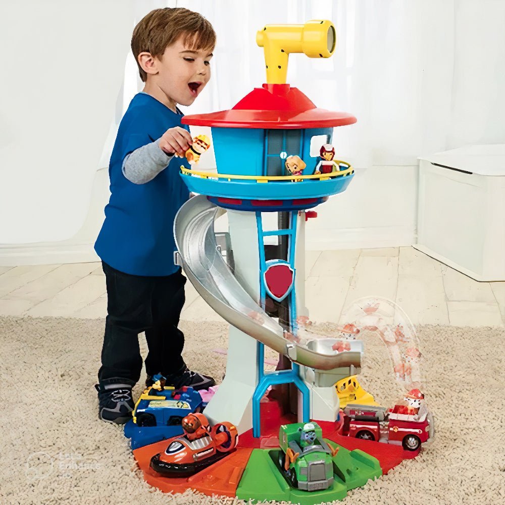 Kids' interactive playset with slide tower & toy cars for imaginative indoor/outdoor play, boosting child development.