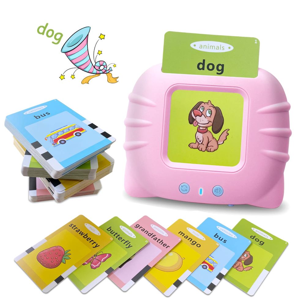 Kids' interactive talking flash cards for early learning; builds vocabulary & cognitive skills. Great preschool educational toy.