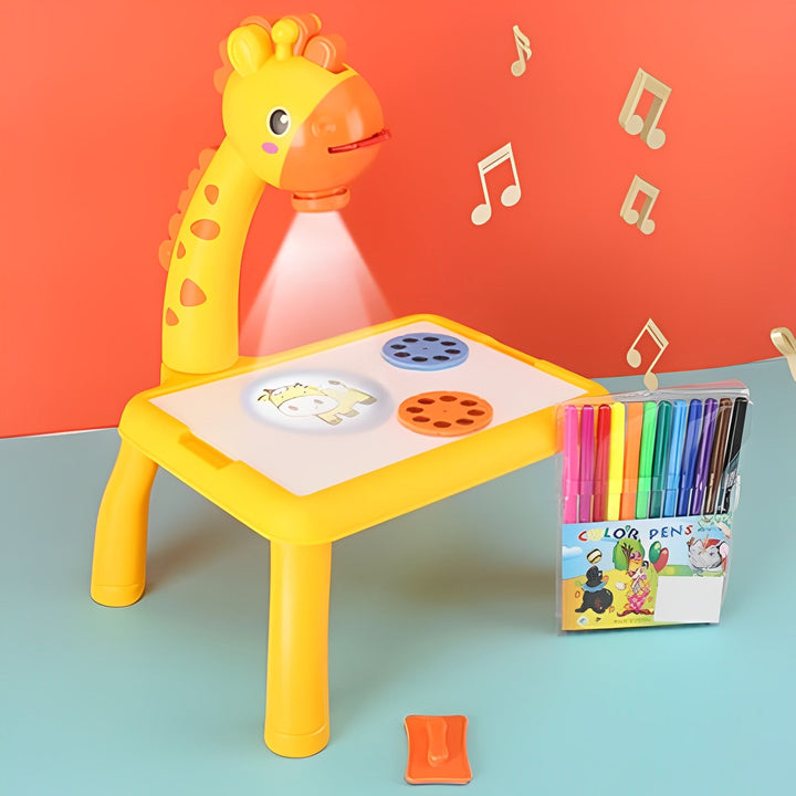 Erasable drawing board and LED projector table for kids' art & music; an engaging educational toy.