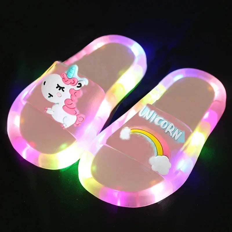 Kids' light-up unicorn slippers, playful and magical LED glowing footwear for children, soft and comfortable.