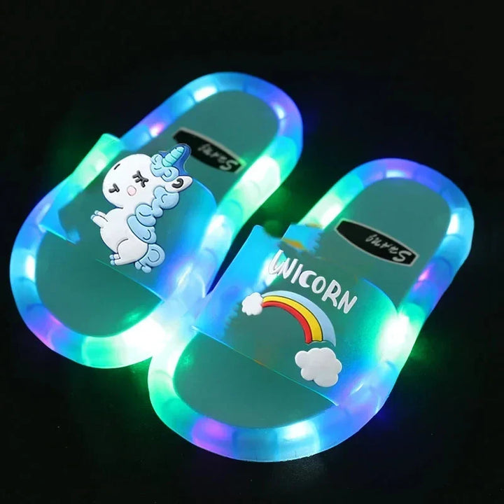 Comfortable kids' unicorn slippers with vibrant colors and LED lights, perfect playful footwear for toddlers.