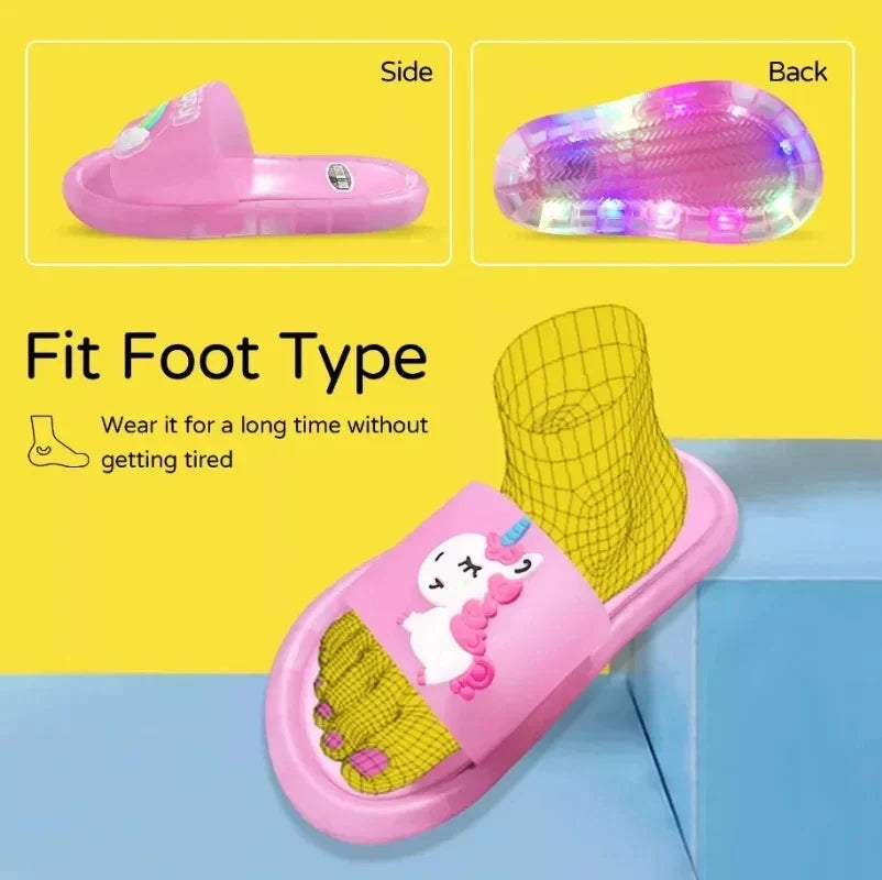 Magical kids' unicorn slippers with glowing LED lights, soft and comfortable playful footwear for toddlers.