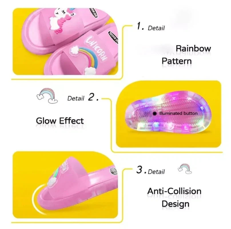 Colorful light-up unicorn slippers for kids, featuring LED lights and soft comfort, perfect magical children's footwear.