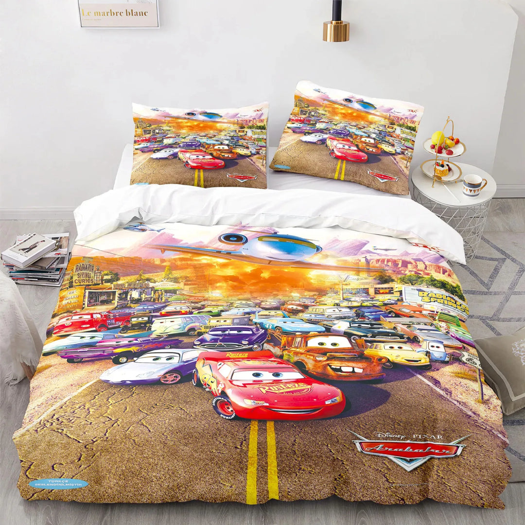 Bright red Lightning McQueen bedding set transforming a child's bedroom into a fun Cars movie racing adventure.