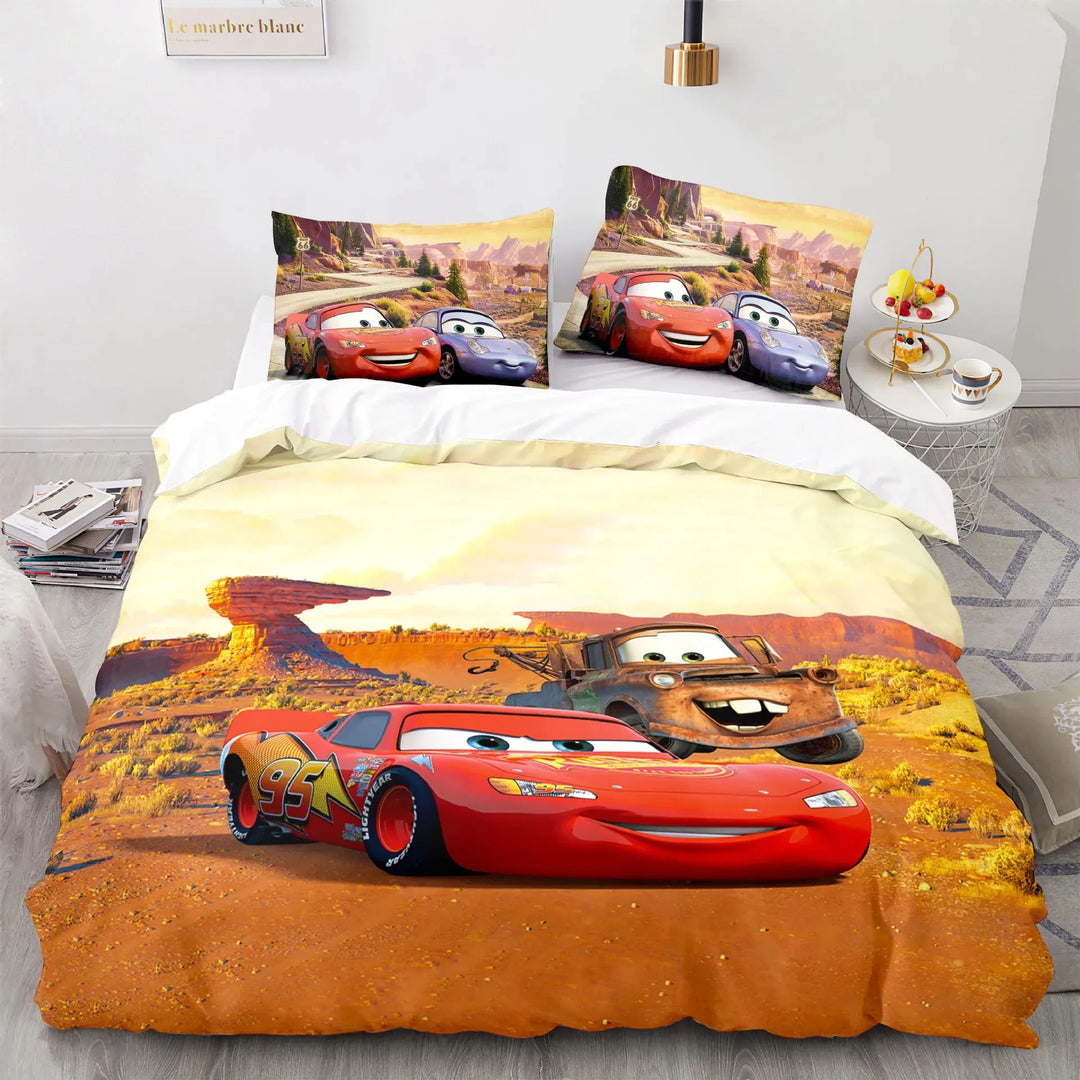 Comfortable polyester Lightning McQueen duvet cover and pillow for kids, featuring iconic Cars movie racing action.