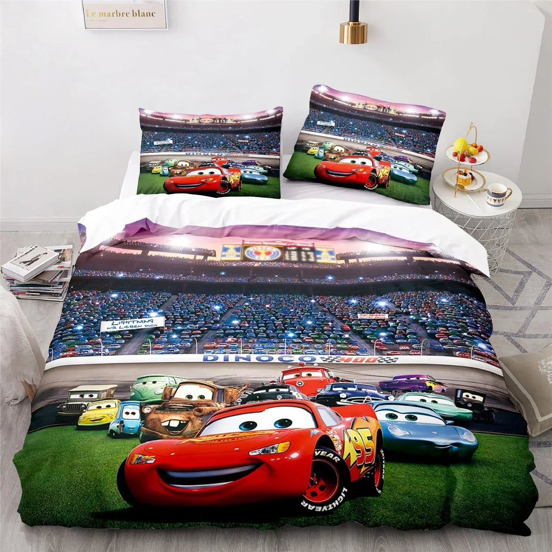 Exciting Lightning McQueen racing theme bedding set for kids, includes duvet cover and pillowcase, perfect for fans.