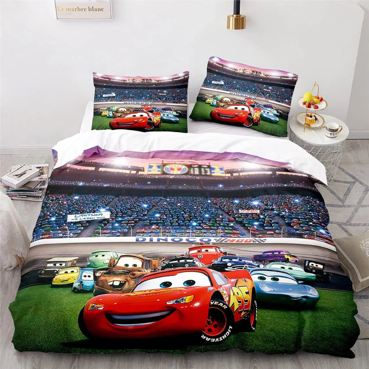 Exciting Lightning McQueen racing theme bedding set for kids, includes duvet cover and pillowcase, perfect for fans.