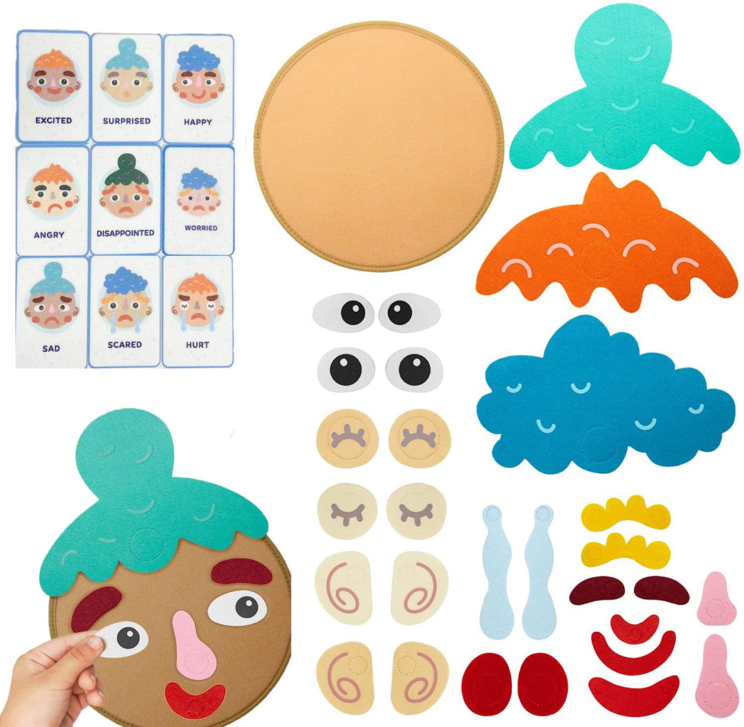 Educational toy for kids to learn facial expressions. Montessori-inspired, this felt set aids emotional & social development.