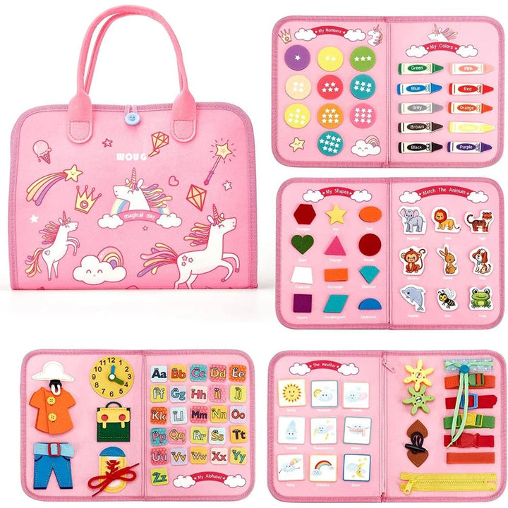 Kids' Montessori Toddler Busy Board with activities for fine motor skills & early learning. Educational toy.
