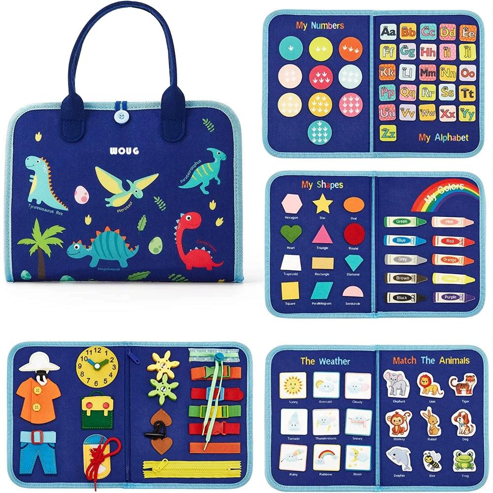 Sensory play busy board for toddlers. Montessori-inspired activity toy promoting preschool learning & development.