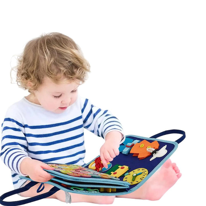 Montessori activity board, a perfect children's gift for toddlers to develop sensory and problem-solving skills.