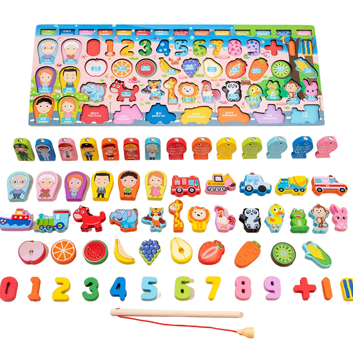 Colorful Montessori wooden puzzle for kids, features digital & shape matching for early learning and preschool activities.