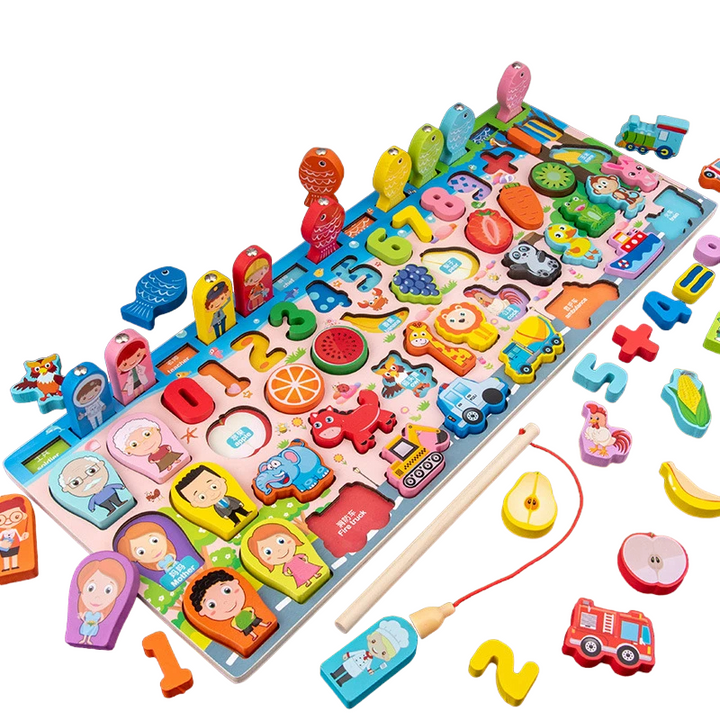 Toddler activity: Montessori wooden digital puzzle, an educational learning game for shape and number recognition.