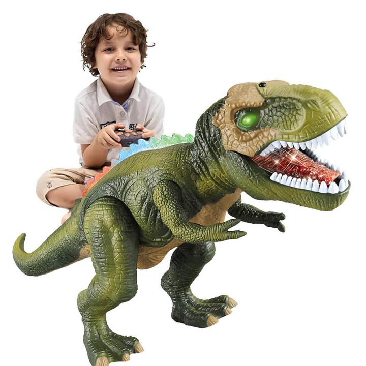Interactive remote control walking dinosaur toy for kids with LED lights, realistic roaring sound, engaging play.