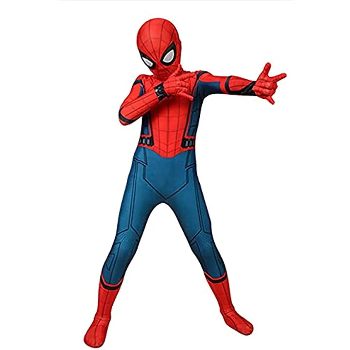 Young boy wearing a red Spider-Man costume, striking a superhero pose for imaginative playtime.