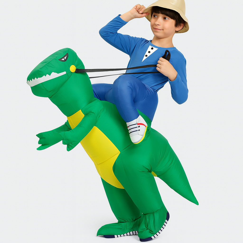 Close-up of a child's happy face wearing the soft dinosaur costume during imaginative play time.