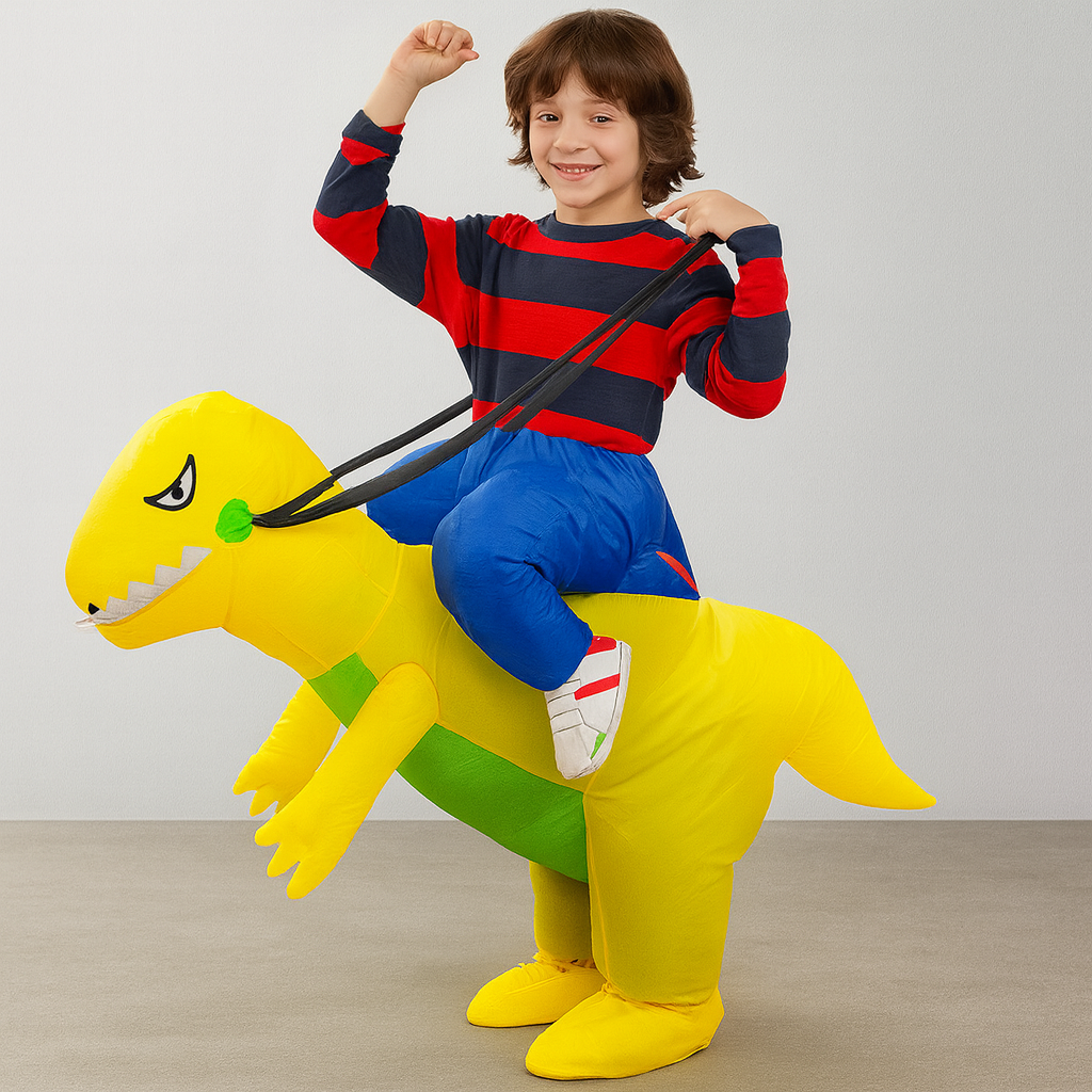Children's soft dinosaur costume, a complete play set for dress-up, imaginative fun, and Halloween adventures.